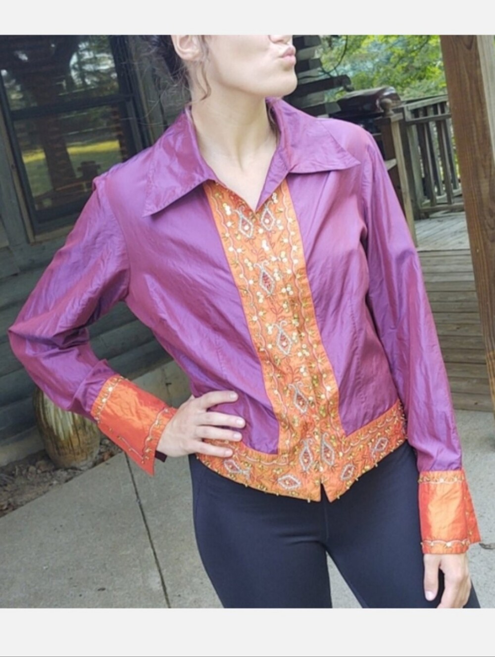 Coldwater Creek Silk Colorblock Embellished Shirt Small